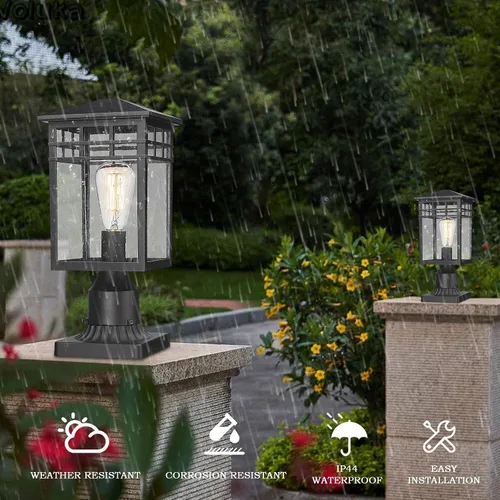 Vista 2 de Lámpara de poste exterior, farol moderno de pilar exterior con acabado negro y vidrio semillado, luz de poste para jardín, patio trasero, patio