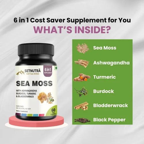 Vista 2 de Musgo marino 6 en 1 Super Blend Ashwagandha bardana cúrcuma y vejiga inmunidad y desintoxicación apoyo 60 cápsulas vegetales sin OMG sin gluten