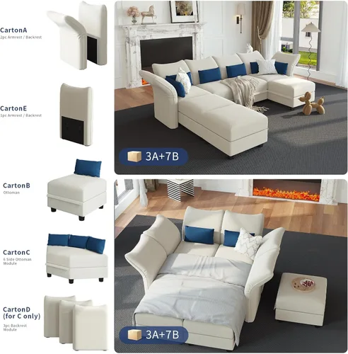 Vista 5 de LLappuil Sofá modular modular en forma de L con diván reversible convertible de 5 plazas con almacenamiento para sala de estar, color blanco