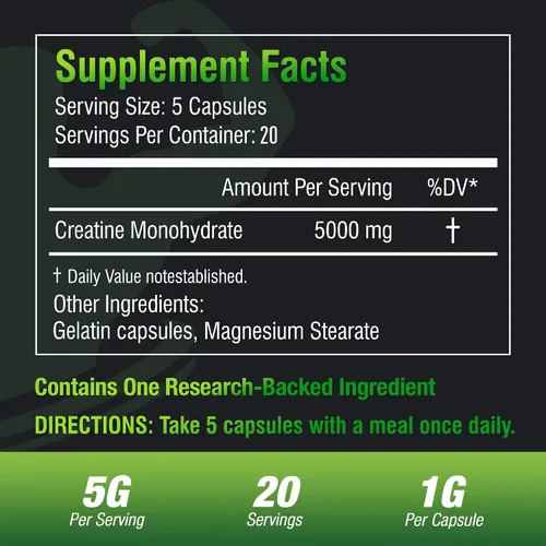 Vista 2 de Monohidrato de creatina, 5000 mg (5 cápsulas) por porción, cápsulas de creatina (40 porciones) para apoyar la fuerza, músculo magro, salida