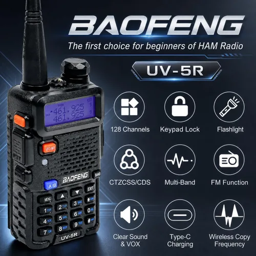 Vista 2 de BAOFENG UV-5R Radio Walkie Talkie de doble banda, carga directa tipo C, largo alcance, paquete de 2