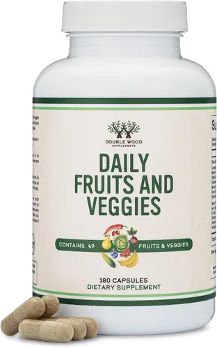 Vista 5 de Double Wood Suplemento de frutas y verduras (mezcla diaria de 49 frutas y verduras diferentes, 23 verduras y 29 frutas) porciones de 1,500 mg, 180