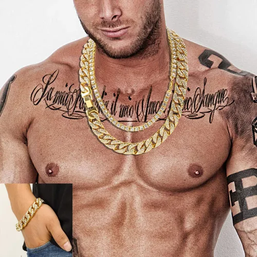 Vista 5 de Mens 12MM 14MM 20MM Chains 18K Gold Plated CZ Fully Iced-Out Miami Cuban Necklace Bracelet Set