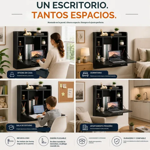 Vista 8 de Basicwise Escritorio plegable montado en la pared, escritorio plegable que ahorra espacio con estantes de almacenamiento y cajón, mesa flotante Negro