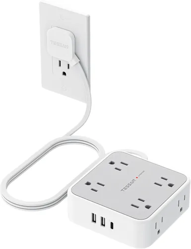 Vista 19 de TESSAN - Tira de alimentación con protector de sobretensiones, cable de extensión plano de 5 pies con 8 salidas de CA, 3 puertos USB (1 USB C), Gris