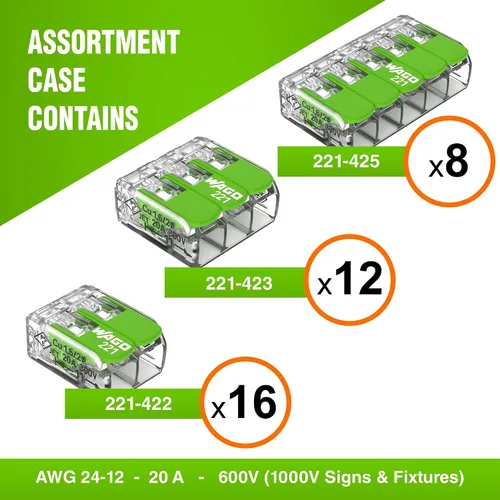 Vista 10 de WAGO 221 Series Green Range 36 conectores de cable de empalme compactos, incluye (16 tuercas de palanca 221-422) (12 x 221-423) (8 x 221-425)