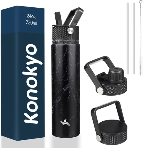 Vista 115 de Konokyo - Botella de agua aislada de 18 onzas, botellas deportivas de acero inoxidable con 3 tapas, verde militar