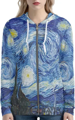 Vista 3 de Irisjudy Color Stripes Zip up Hoodies for Women, Monet Art Sport Sweatshirt Women Ladies Hooded Tops for Spring Fall
