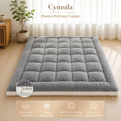 Vista 3 de Cymula Cubrecolchón California King, Almohadilla de Colchón Sherpa para Cama Cal King con Plumón de 900GSM para Dolor de Espalda, Cubierta