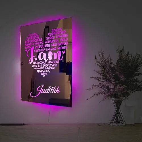 Vista 7 de Espejo de afirmaciones positivas fuertes con nombre personalizado "I AM Strong Positive Affirmations Mirror con luces LED, espejo de pared