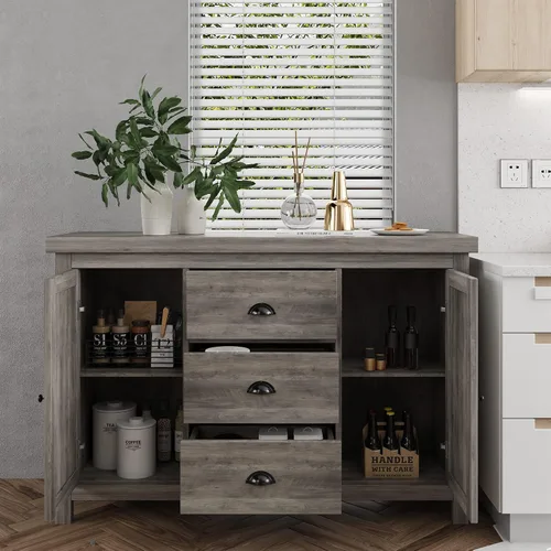 Vista 4 de Aparador de cocina con estructura de madera resistente, 3 cajones y 2 puertas con amplio espacio de almacenamiento en gris