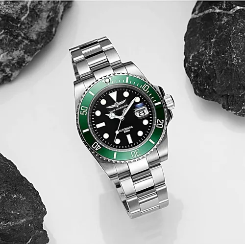 Vista 6 de TIME WARRIOR Reloj automático de buceo de 656.2ft, movimiento NH-35, cristal de zafiro, bisel verde, Submariner Pro Diver, luminoso., Verde, Sellos