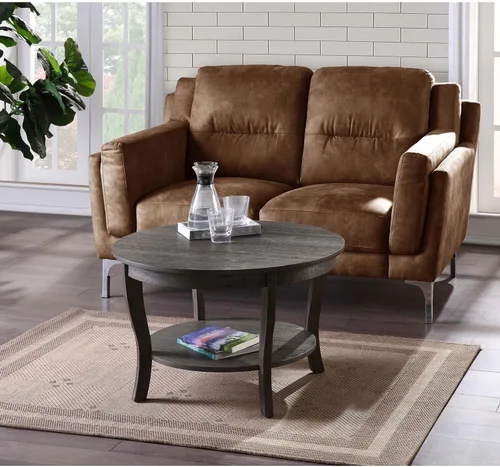 Vista 10 de HomeStock Global Greatness - Mesa auxiliar redonda con estante, acabado de madera, mesa de estilo clásico de transición, estantería espaciosa de dos