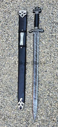 Vista 7 de Gran espada de acero de Damasco, 37 pulgadas de espiga completa con ranura de sangre afilada, mango de madera con vaina, réplica de campo de batalla
