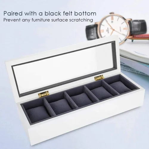 Vista 10 de Vitrina de reloj blanca, organizador de caja de reloj para hombres, vitrina de caja de reloj, caja de almacenamiento de vidrio con 5 ranuras