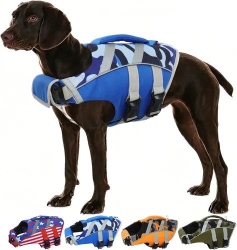 Vista 21 de Kuoser Chaleco salvavidas reflectante para perro, chaleco salvavidas para nadar y navegar Chalecos salvavidas ajustables para mascotas, traje