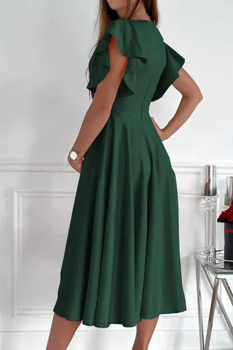 Vista 3 de PRETTYGARDEN - Vestido de verano para mujer, debajo de la rodilla, manga casquillo con volantes, cuello en V, acampanado, vestido de cóctel y fiesta