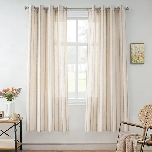 Vista 62 de DriftAway Cortinas de estilo granja con rayas verticales de lino mezclado texturizado con filtro de luz semitransparente para sala de estar