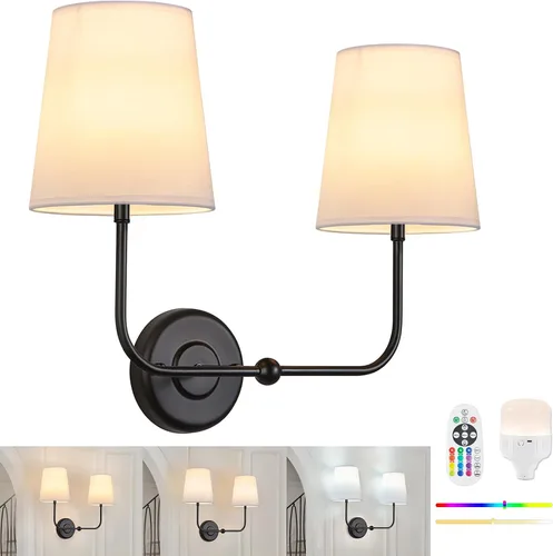 Vista 10 de Aplique de Pared de Doble Pared Operado por Batería, Apliques de Tela Inalámbricos Recargables de 2 Luces con Batería con Control Remoto, Luces