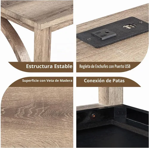 Vista 3 de Juego de mesa de barra de 59" de altura de mostrador con toma de corriente, mesa de desayuno industrial con 3 taburetes acolchados, juego de mesa