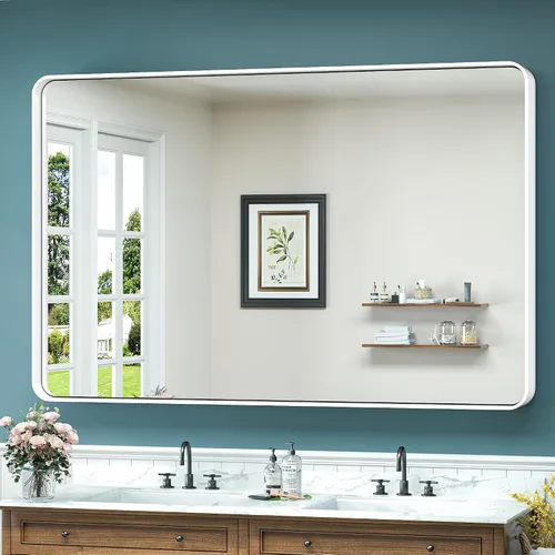 Vista 24 de TokeShimi Espejo de pared de baño de níquel cepillado de 20 x 30 pulgadas, marco de metal, esquina redonda, rectangular, para decoración del hogar