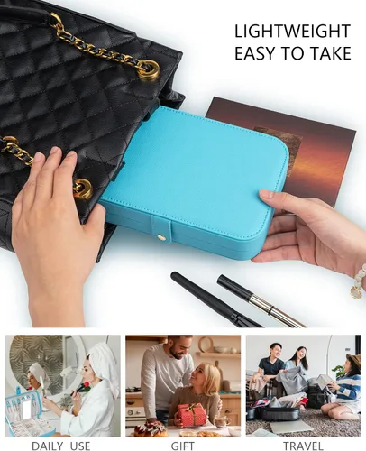 Vista 6 de V-LAFUY Joyero de viaje pequeño con espejo, caja de joyería portátil de viaje para mujeres y niñas, estuche de joyería para viajes, azul N