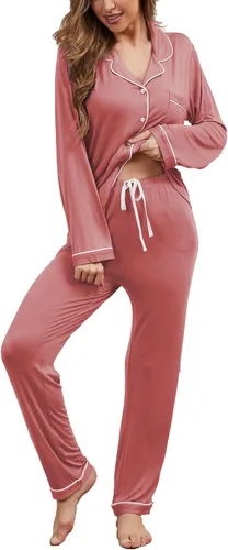 Vista 11 de Juego de pijama con botones para mujer, de manga larga, ropa de dormir suave, conjunto de ropa de descanso, tallas XS-XXL bean paste