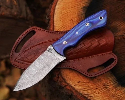 Vista 10 de Cuchillo de caza de acero de Damasco de hoja fija con funda de cuero de 9 pulgadas, cuchillo de caza de espiga completa, mango de madera