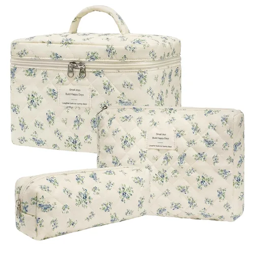 Vista 9 de honitty Bolsa de maquillaje, bolsas de cosméticos acolchadas, bolsas de maquillaje florales grandes para mujeres, organizador de maquillaje, bolsa