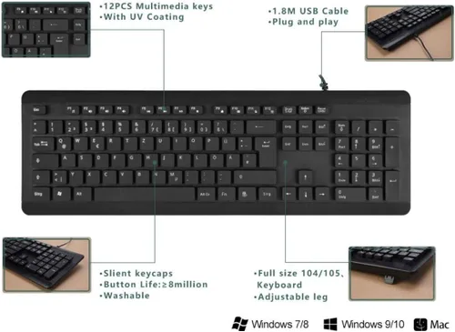 Vista 3 de BoxWave Teclado compatible con Chuwi HiPad Air - Teclado USB AquaProof - Teclado USB lavable impermeable resistente al agua - Negro azabache