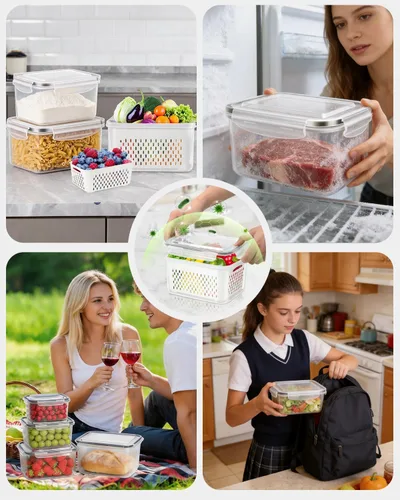 Vista 7 de TBMAXS Paquete de 4 recipientes de almacenamiento de alimentos para refrigerador con colador, herméticos, sin BPA, contenedor de plástico