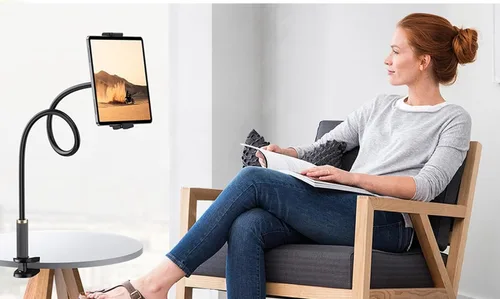 Vista 4 de Niumowa Soporte para tableta de cuello de cisne, brazo ajustable de 38.6 in para cama Fits Kindle, iPad & Phones. 360° gooseneck clamp. Reading in