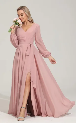 Vista 2 de kidadndy Women's Long Sleeve Bridesmaid Dresses Chiffon Prom Dress Faux-Wrap A Line Formal Evening Dress for Women,R16