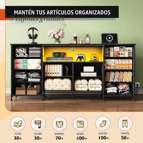 Vista 3 de WLIVE Cómoda de 12 cajones para dormitorio, cómoda negra para TV de 65, 70, 75 pulgadas con luz LED y estación de carga, cómoda ancha con estantes
