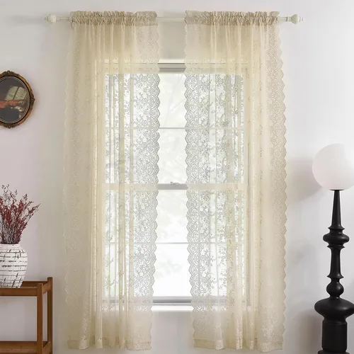Vista 7 de Kotile - Cortinas de encaje beige de 45 pulgadas de largo para ventanas de cocina, 2 paneles, cortinas de encaje floral de vid traslúcidas