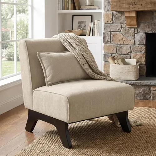 Vista 16 de Silla de acento tapizada sin brazos, sillas modernas y cómodas para sala de estar con patas de madera y almohadas, sofá cama lateral para dormitorio