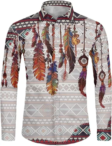Vista 2 de Camisas aztecas grandes y altas para hombre, diseño étnico azteca tribal del suroeste, camiseta delgada de manga larga con botones