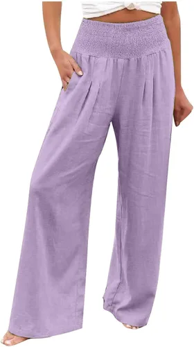 Vista 23 de SHAOBGE Pantalones palazzo de verano para mujer, cintura alta, pierna ancha, casual, cintura elástica, pantalones de playa con bolsillos