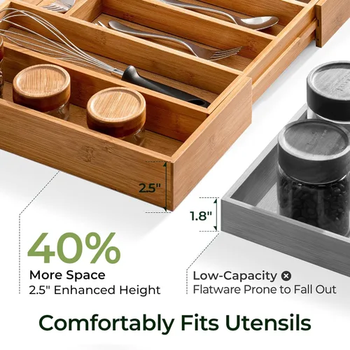 Vista 3 de keechee Organizador grande de bambú carbonizado para cajones de cocina, organizador de cubiertos expandible con 12 ranuras, soporte para utensilios