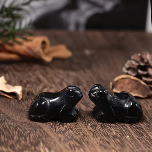 Vista 4 de Figura de cristal de rana con piedras preciosas de obsidiana negra, pequeña tallada a mano, estatua de cristal curativo, escultura de animales