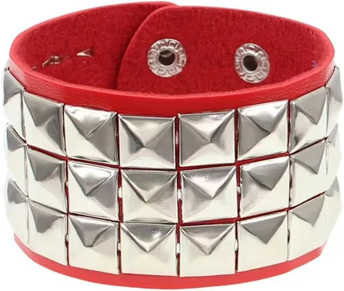 Vista 2 de TURTLEDOVE Punk Leather Bracelet Set - 3PCS Goth Leather Wristband with Metal Studded - Cuff Bangle for Men Women Rojo