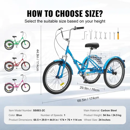 Vista 7 de VEVOR - Triciclo plegable para adultos, triciclos plegables para adultos, bicicleta de crucero de 3 ruedas con cesta grande y asiento ajustable