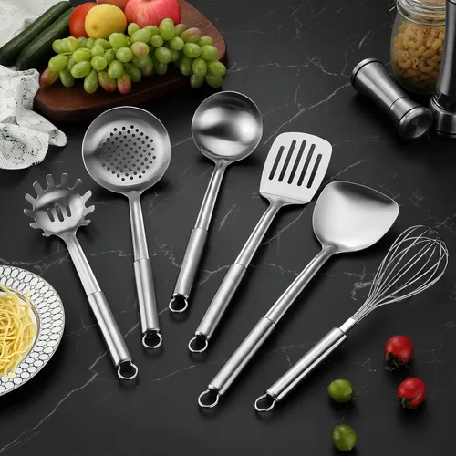 Vista 5 de Juego de 6 piezas de utensilios de cocina de acero inoxidable, utensilios de cocina con mango suspendido, espátula, espumadera, cucharón, cuchara