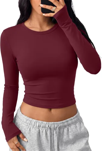 Vista 26 de Trendy Queen Camisetas cortas de manga larga para mujer, camisetas básicas Blanco