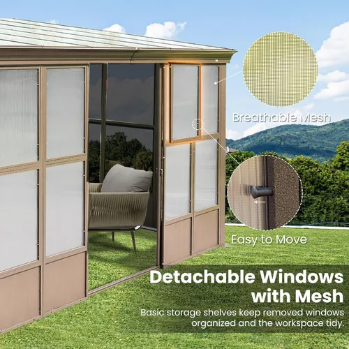 Vista 7 de Domi - Solárium montado en la pared de 10 x 12 pies, solárium de pared con techo inclinado de PC con estructura de aluminio, casa con paneles