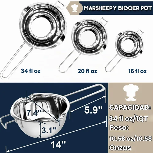 Vista 3 de Olla de doble caldera de 1000ML/1QT para derretir chocolate, juego de fabricación de velas de acero inoxidable 304 con espátula de silicona