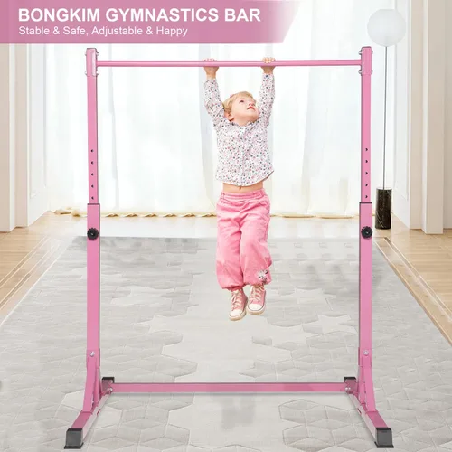 Vista 2 de Bongkim Barra de gimnasia para niños, barras horizontales de gimnasia de altura ajustable, equipo de gimnasia plegable, barra de entrenamiento