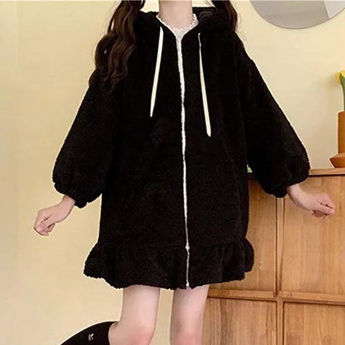 Vista 2 de Kingspinner Lolita Dress Kawaii - Abrigo de felpa suave con capucha para mujeres, adolescentes, niñas, orejas de conejo, manga larga, chaqueta suelta