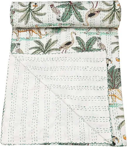 Vista 27 de Marubhumi Edredón tradicional indio de algodón puro con estampado de selva Kantha, funda de cama, colcha Kantha con estampado de animales, Negro