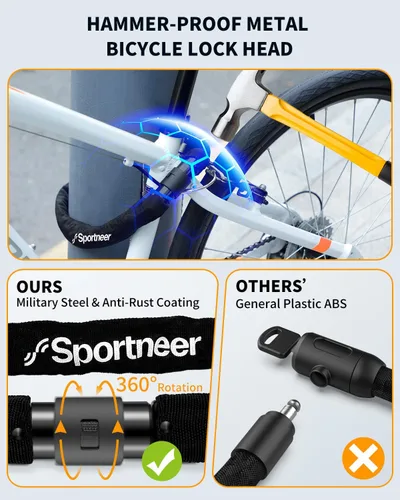 Vista 3 de Sportneer Candado para bicicleta: Candado de cadena de bicicleta de alta seguridad de 8mm de grosor con 2 llaves - 0.97/1.2 metros de largo, candado